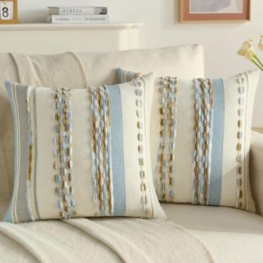 Imagem de FUTEI Conjunto de 2 capas de almofada decorativas azuis e marrons 45,7 x 45,7 cm, capa de almofada texturizada listrada macia, fronhas boho para decoração de sofá