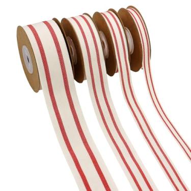 Imagem de YERELO Conjunto de 10 jardas x 4 rolos de fitas listradas de algodão vermelhas e brancas para artesanato de árvore de Natal, guirlanda de casamento, embrulho de presente, decoração e laços de cabelo