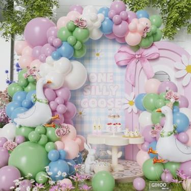 Imagem de Kit de arco de balão One Silly Goose 148 peças de balões rosa pastel roxos com balões engraçados de 58 cm para decoração de festa de aniversário de ganso silly goose (kit rosa e roxo)