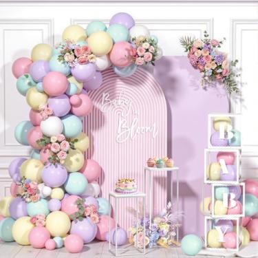Imagem de Winrayk Decorações de chá de bebê pastel para meninas, caixas de bebê originais com letras, kit de arco de balão pastel com balão rosa, roxo, azul, branco, amarelo, floral, festa de aniversário