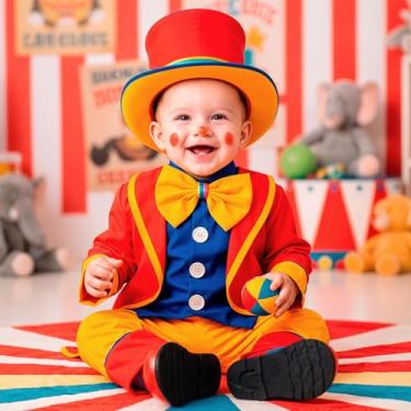Imagem de Fantasia Bebe Menino Palhaço de Circo Luxo Kit 4 Peças com Casaca Colete Calça e Cartola para Festas Mesversário e Carnaval (Vermelho, M - 1 Á 2 ANOS)