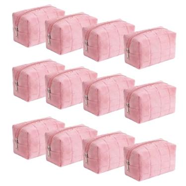 Imagem de AMAZBEE Pacote com 12 sacos de maquiagem acolchoados de veludo, bolsas de cosméticos com zíper, conjunto organizador de higiene de viagem para mulheres, pacote econômico, rosa, Transparente