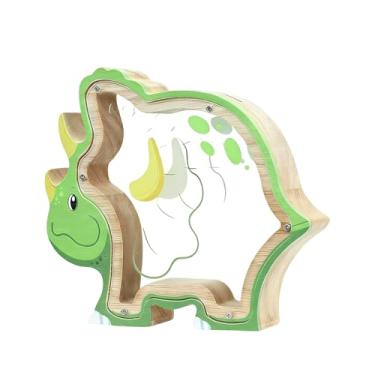 Imagem de Dinossauro de madeira para crianças, caixa transparente para guardar moedas com estampas fofas, cofrinho de 3 estilos para meninos e meninas, caixa decorativa para quarto, estante de livros, decoração