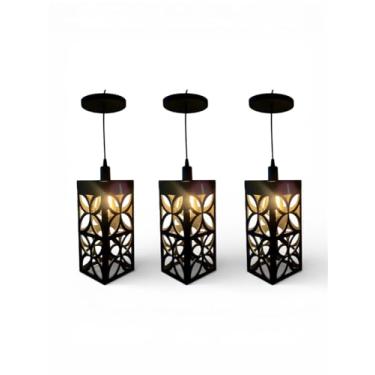 Imagem de Kit 3 Luminaria Lustre Pendente de Teto Pétala MDF, Preto, 30x12cm, Design Vazado Decorativo