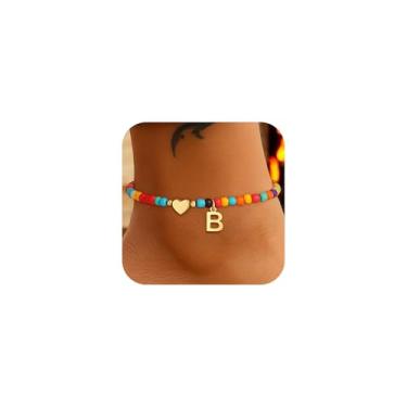 Imagem de Eaciy Tornozeleiras femininas coloridas com inicial inicial de coração banhado a ouro 14 quilates delicado A - Z letra tornozeleira colorida para mulheres, 8+2, Latão, Sem Pedra Preciosa