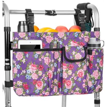 Imagem de ANILD Bolsa de viagem para andador dobrável com suporte de copo, bolsa de armazenamento de mão livre, organizador de andador para caminhantes, andadores, cadeiras de rodas e scooters., Flor, Rústico