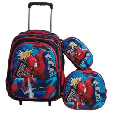 Imagem de Kit Mochila Carros Para Meninos em 3D Alto Relevo com Rodinhas Infantil + Lancheira Térmica + Estojo Escolar (Mochila Menino Homem Aranha)