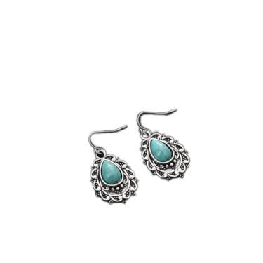 Imagem de Brincos femininos de lágrima turquesa boêmio, vintage, prata, floral, gravado, brincos pendentes de liga metálica, joias artísticas leves, presente para uso diário, festas, Medium, Metal, Sem pedra