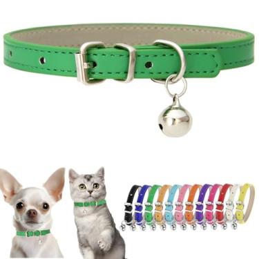 Imagem de Coleira verde para cães pequenos com sino de couro sintético, coleira para gatos com sinos ajustável, básica, coleira para filhotes, meninos, meninas, gatinhos, para XXS, XXsmal, XS, XSmall Pets Tiny