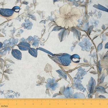 Imagem de Erosebridal Tecido de estofamento floral aquarela para cadeiras de sofá, pássaros azuis tecido animal selvagem por jarda, decoração de jardim chique à prova d 'água ao ar livre, branco e azul, 3