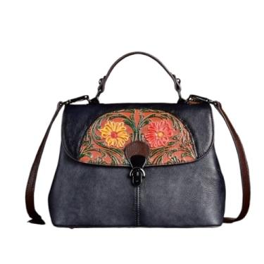 Imagem de Transversal Bolsa crossbody feminina de couro de grão superior – Bolsa portátil em relevo retrô, estilo vintage sofisticado(Black)