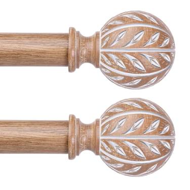 Imagem de Pacote com 2 varões de cortina de madeira boho, varões decorativos para janelas de 76 a 142 cm com acabamentos de folha de grão de madeira feitos à mão, hastes de tratamento de janela rústicas