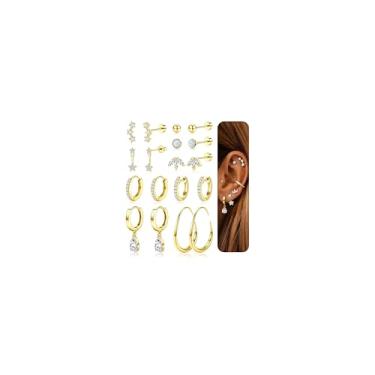 Imagem de LOYALLOOK Brincos femininos hipoalergênicos de aço inoxidável cirúrgico 20G, banhado a ouro 14 K, brincos de argola de cartilagem para vários piercings, Aço inoxidável, Zircônia cúbica