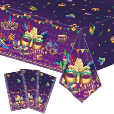 Imagem de Toalha de mesa de plástico de carnaval de 3 peças de 137 x 272 cm – capas de mesa descartáveis com diamante dourado verde roxo com máscara de baile de máscaras e desenhos de penas para festas de