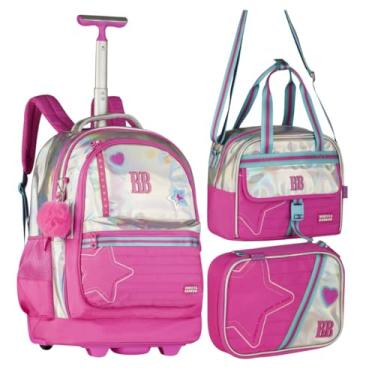 Imagem de Kit Mochila Rodinhas Holográfica Rosa Rebecca Bonbon RB com Lancheira, Estojo Box coleção 2026 Volta as Aulas Original