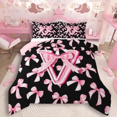 Imagem de Feelyou Conjunto de cama infantil fofo com laço rosa, macio, letra V, tamanho duplo, coquete, laço e nó de edredom com monograma, decoração de quarto, presente personalizado para meninas adolescentes
