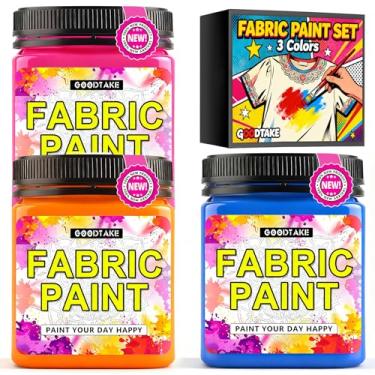 Imagem de GOODTAKE Conjunto de 3 cores de tinta de tecido - rosa, laranja, azul celeste - 250 ml cada - tinta acrílica permanente para tecidos e roupas - para camisetas DIY, jeans e projetos de arte têxtil