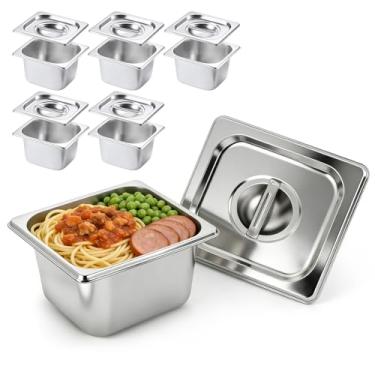 Imagem de 6 pacotes de panelas de hotel de aço inoxidável com tampas 1/4 tamanho x 15 cm de profundidade de mesa a vapor recipientes de armazenamento de alimentos empilháveis de metal vaporizador