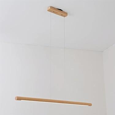Imagem de Luminária pendente de madeira com LED, estilo linear, para ilha de cozinha, sala de jantar, com intensidade regulável e controle remoto, ideal para mesa de jantar, cozinha, escritório, bar o