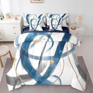 Imagem de Erosebridal Conjunto de edredom Queen abstrato azul, moderno, dourado, cinza, minimalista, legal, exclusivo, geométrico, moderno, para decoração de quarto