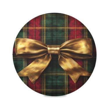 Imagem de STAYTOP Jogo americano redondo de Natal com gravata borboleta dourada 6 peças, tapetes de mesa antiderrapantes fáceis de limpar para decoração de mesa de festa e churrasco