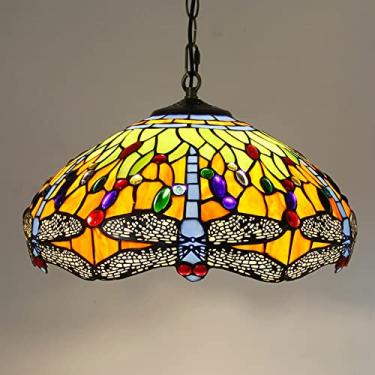 Imagem de Lustre estilo Tiffany de 40 cm (16 polegadas), luminária pendente vintage feita à mão em vitral, altura ajustável, lâmpada de teto LED E27 para decoração de sala de estar, quarto e sala de j