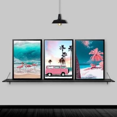 Imagem de Kit 3 Quadros Praia Kombi Rosa 24X18Cm - Com Vidro Preta - Quadros On-