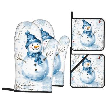 Imagem de Conjunto de luvas de forno estampadas de boneco de neve no inverno, conjunto de 4 peças adequado para grelhar, cozinhar e assar