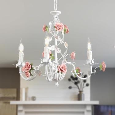 Imagem de Lustre vintage com flores, luminária de teto pendente em metal branco com rosa de cerâmica rosa, lustre estilo francês campestre com soquete E14 para velas, ideal para quarto, sala de estar,