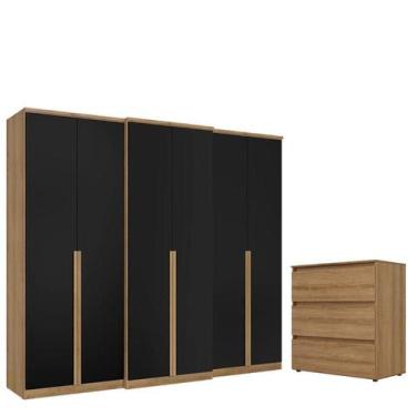 Imagem de Guarda Roupa Casal Valência 6 Portas Capuccino Preto e Cômoda Gaveteir
