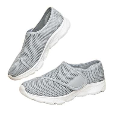 Imagem de Tênis feminino de ajuste largo com alça ajustável, sem cadarço, leve, respirável, para caminhada inchado, pés largos, cinza, Cinza, 37