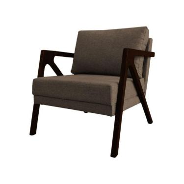 Imagem de Poltrona Sala De Estar Base Madeira Maciça Monique Castanho Marrom Linho