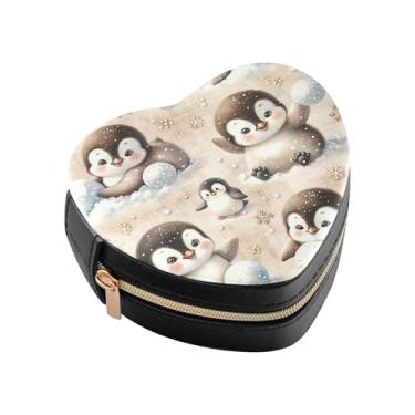 Imagem de Burbuja Caixa de joias em forma de coração de pinguim mini estojo de joias de viagem para mulheres e meninas, estojo portátil organizador de armazenamento para brincos, anéis, colares e pulseiras