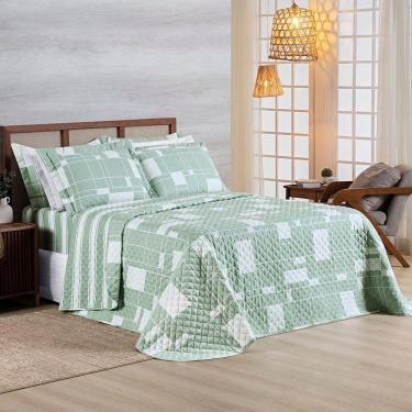 Imagem de Kit Cobre Leito Colcha Belle Casal Padrão Estampado Dupla Face 400 Fios 3 Peças Quadriculado Verde