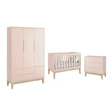 Imagem de Dormitório Classic 3 Portas E Cômoda 3 Gavetas Rosa Com Pés Madeira Natural - Reller Móveis Rosa