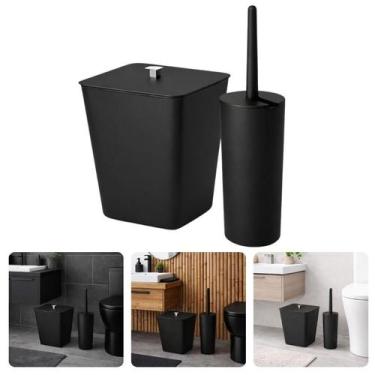 Imagem de Kit Acessórios Banheiro Lavabo Preto Fosco Lixinho 7 Litros Escova San