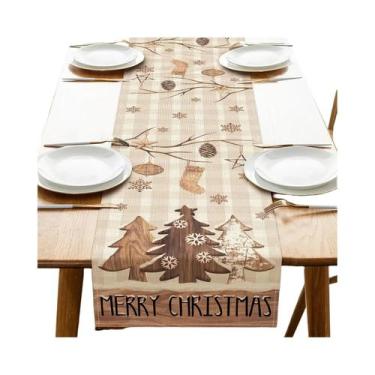 Imagem de Caminho De Mesa De Poliéster Com Estampa De Floco De Neve Bege E Branc