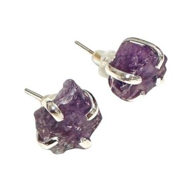 Imagem de Brinco Pedra Natural Ametista Garrinha Banhado Ouro Prata Cor:Prateado