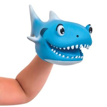 Imagem de Boneco De Mão Tubarão Fantoche Azul Flexível Em Vinil Para Apresentaçõ