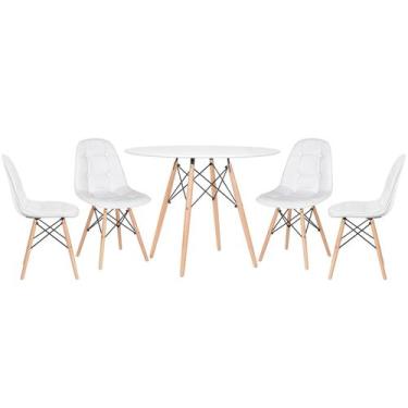 Imagem de Laraz, Kit - Mesa redonda Eames 100 cm branco + 4 cadeiras estofadas E