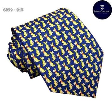 Imagem de Gravata de Seda Foulard Azul e Marsala com Estampa de Dog Tradicional 