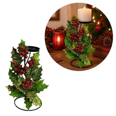 Imagem de Castiçal Natalino Decorado Azevinhos Berries e Folhagens Luxo Base Aramada 25cm - Magizi