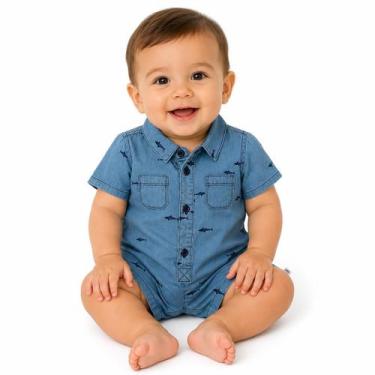 Imagem de Macaquinho Bebê Curto Camisa Jeans Leve Tubarão Shark Tip Top Tamanho: