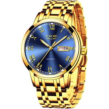 Imagem de Relógio masculino de quartzo analógico de aço inoxidável à prova d'água da LIGE Watches para homens e mulheres, 9 blue gold