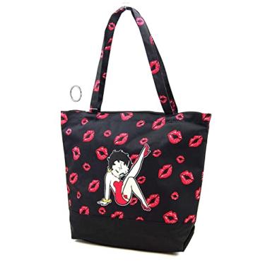 Imagem de Betty Boop Bolsa de compras de lona com porta-moedas e chaveiro (preto), Preto, Large