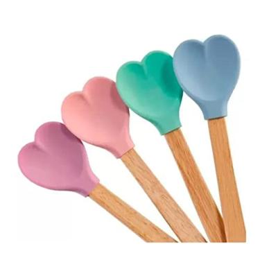 Imagem de Kit 4 Espátulas Silicone Formato Coração E Cabo De Madeira Cozinha&Decora