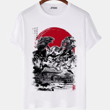 Imagem de Camiseta masculina Godzilla Vs Pacific Rim Desenho Camisa Blusa Branca Estampada