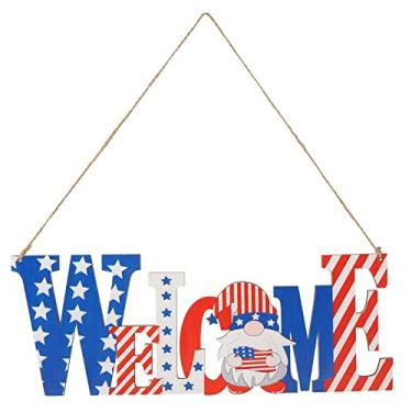 Imagem de placa de porta suspensa de gnomos de 4 de julho,Decorações de mesa patrióticas placas de madeira de gnomo americano, placa de madeira com corda para decoração de janela de parede de varanda (bem-vindo)