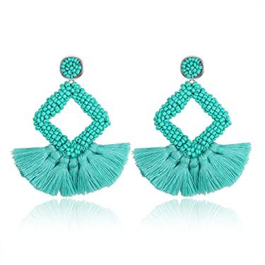 Imagem de Brincos de franja com borla – Brincos pendentes de franja quadrados com contas boêmias para mulheres Verde