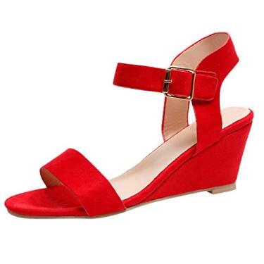 Imagem de Sandálias cinza femininas anabela fivela sapatos tira salto sólido feminino amarrar sandálias femininas couro (vermelho, 7,5)